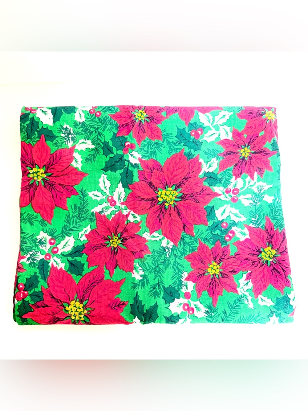 Vintage Mid-Century Christmas Tablecloth 80”x58” | Poinsettias & Holly